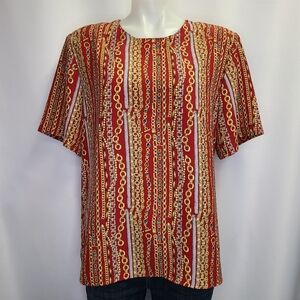 Womens Vintage 80s 90s Red Gold Silver Chain Print Top Blouse by Kathy Che Large